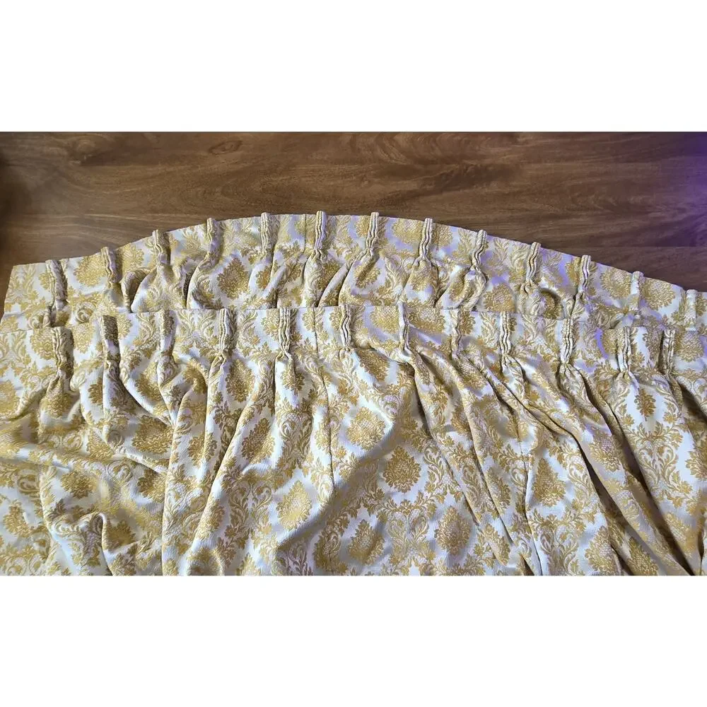 Pair Vintage Gold White Damask Brocade Austrian Curtains Valances Hollywood...